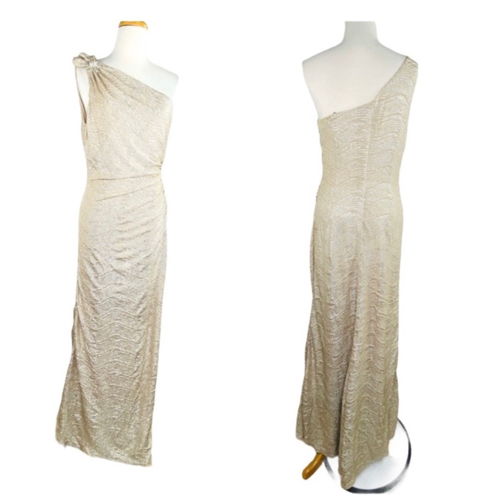 David Meister Matelasse Gold One-Shoulder Gown 12